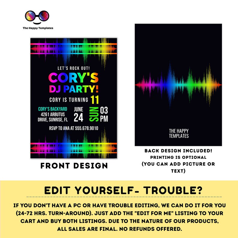 EDITABLE DJ Party Birthday Invitation | Neon Glow in the Dark Party ...