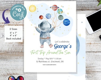 Editable Outer Space First Birthday Invitation Galaxy Blast Off First Trip Around the Sun Space Boy photo Download Printable Template Corjl