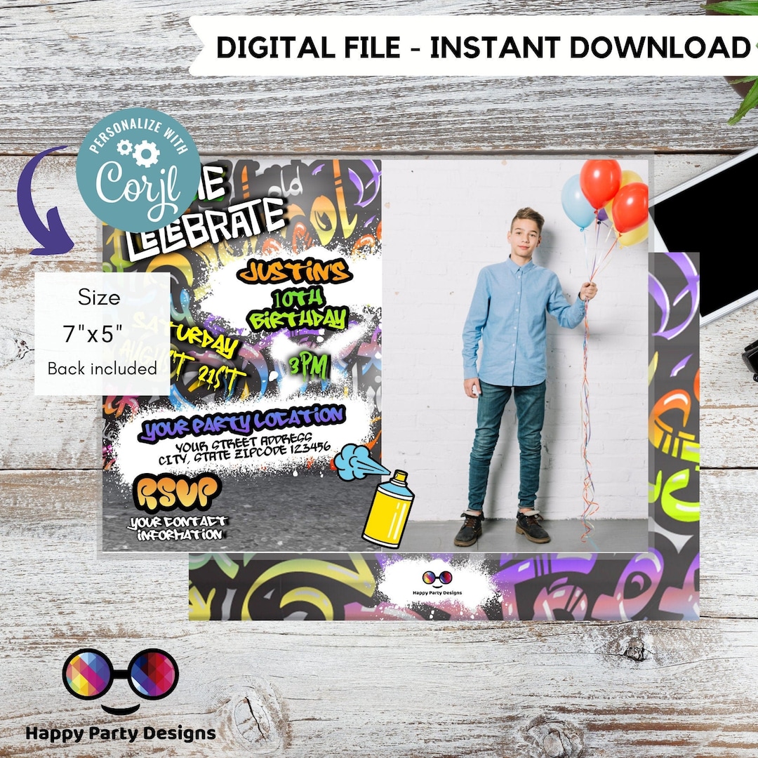 Editable Graffiti Invitation With Photo Digital Graffiti Printable Invite Birthday Boy Graffiti