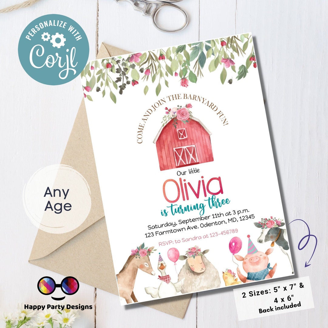 Editable Farm Birthday Invitation Girl | Farm Animals Pink Floral ...
