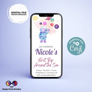 Editable Outer Space First Birthday Evite | First Trip Around the Sun Space Girl | Editable  Invitation for iPhone, Smartphone Template #K57