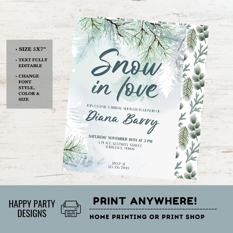 Editable Snow in Love Themed Bridal Shower Invitation | Winter Bridal ...