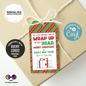 May include: Red and green striped gift tag with white polka dots. The tag says "Just a little something to help you wrap up this crazy year. Merry Christmas & Happy New Year! Love, Carla".