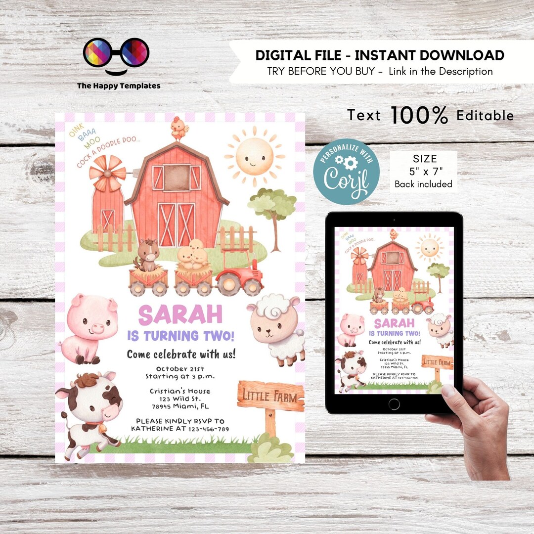 Editable Farm Birthday Invitation Girl | Farm Baby Animals Barnyard ...