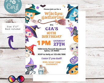 May include: A printable invitation for a 10th birthday party with a witch theme. The invitation features a purple, orange, and white color scheme with illustrations of witches, owls, and other Halloween characters. The text on the invitation reads "Please join us for a Witches gathering It's GIA'S 10TH BIRTHDAY SATURDAY 1 PM 27TH 1090 Emily Renzelli Boulevard Aptos, CA 95003 RSVP to Nelly at 123.456.7890 Enter if you dare! Kids wear your costumes!"