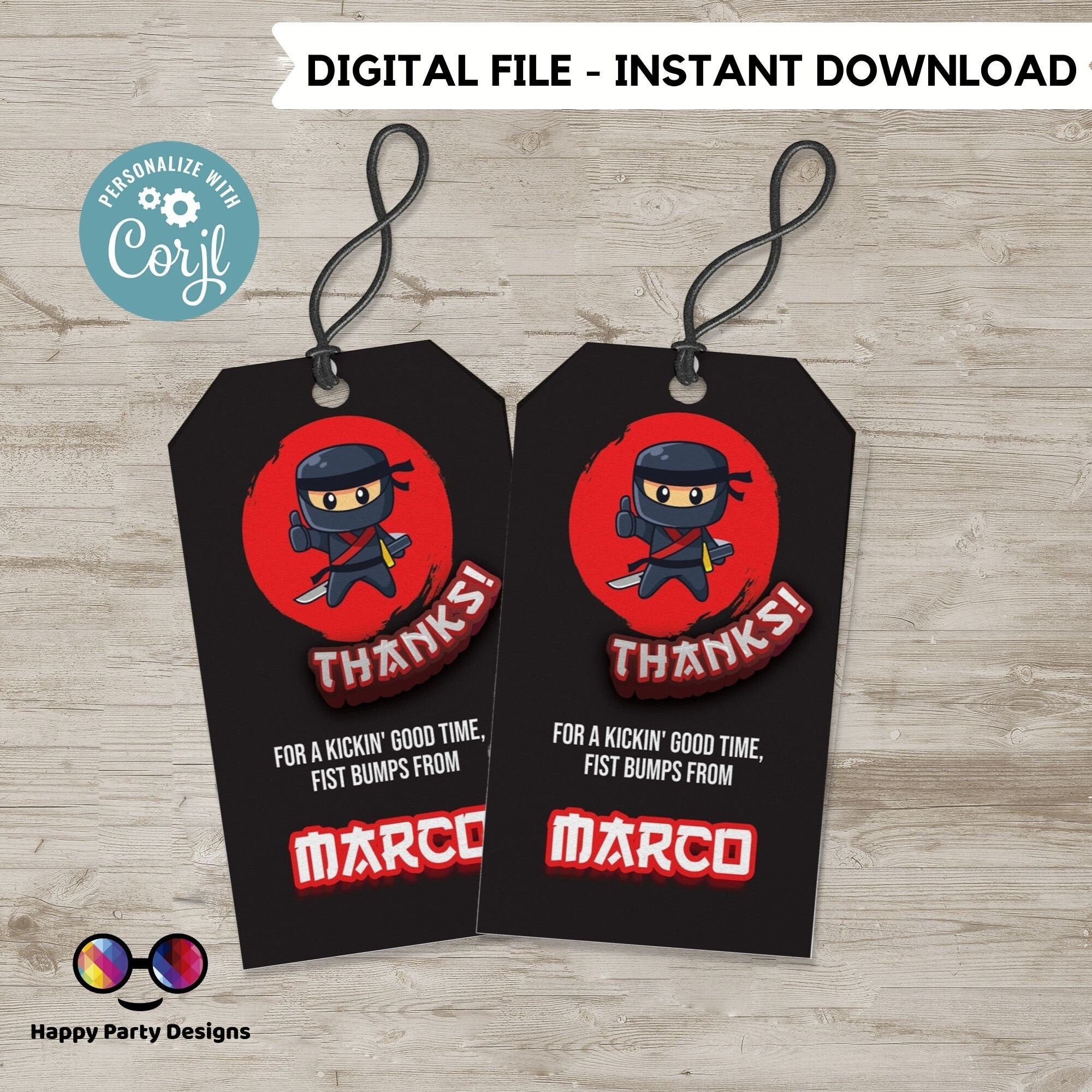 Editable Ninja Birthday Thank You Gift Tags | Ninja Favor Tags ...