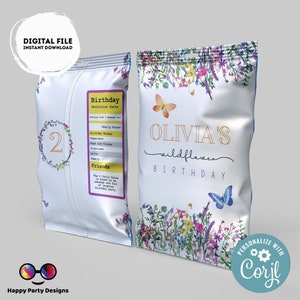 Editable wildflower Chip Bag | Digital wildflower printable Chip Bag | Party Snack wild flower birthday girl | Personalized Favors  #K73