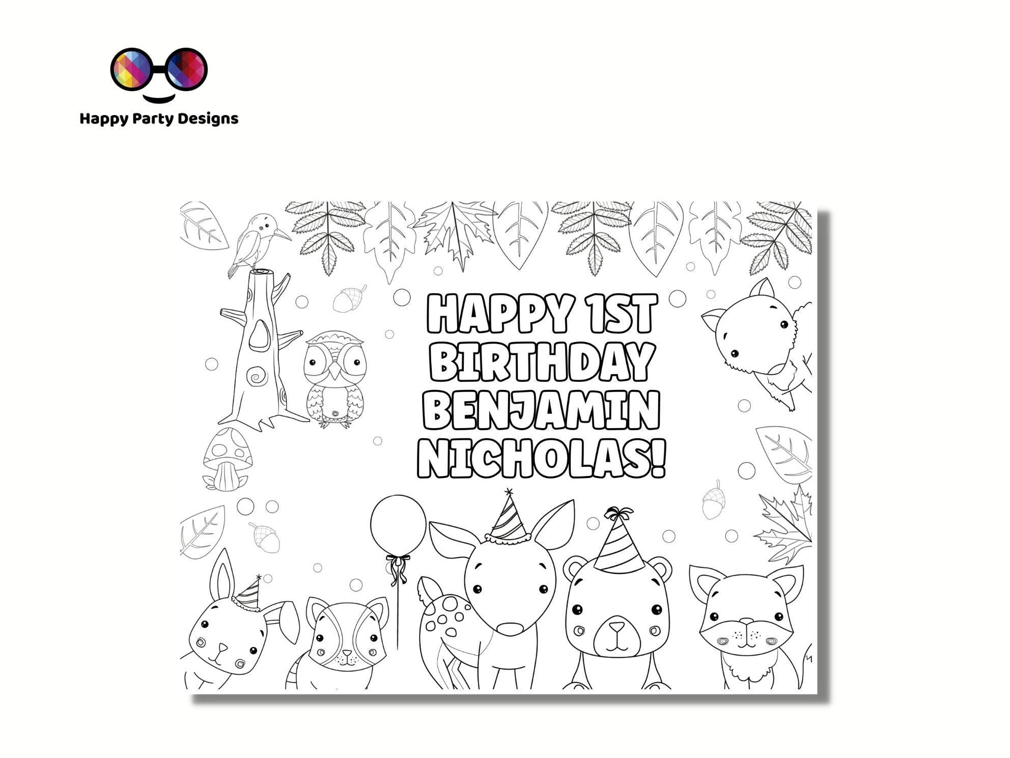 Editable Woodland Coloring Page | First Birthday Coloring Page | Any ...