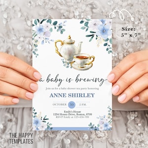 Tea Party Baby Shower Invitation | A Baby Is Brewing Baby Shower Invite | Teapot Baby Shower Invitation | greenery baby shower | boy #B30