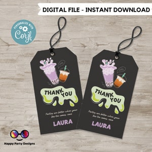Tè boba modificabile Grazie tag / Digital tea party stampabile tag di ringraziamento / Birthday girl / Par-tea Grazie / Personalizza online #K121