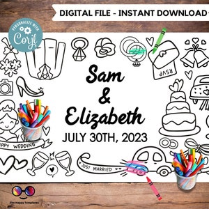 Wedding party XL Table Runner | Editable Wedding birthday party coloring page | wedding table runner | activity for kids | kid's table #W28