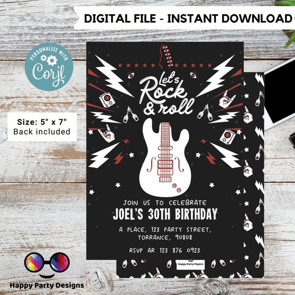 Rock 'n roll Birthday Invitation | Rock Star Party Invitation | Rock Guitar Birthday invitation | Invitation Pop Star Rock n' roll  #A12