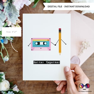 Carte de vœux rétro imprimable | Carte Mieux ensemble | Carte de voeux d'anniversaire | Carte de voeux des années 80 | carte de voeux de musique de cassette | 1980