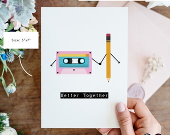 Printable retro greeting card | Better together card | Anniversary greeting card | 80's greeting card | cassette music greeting card | 1980