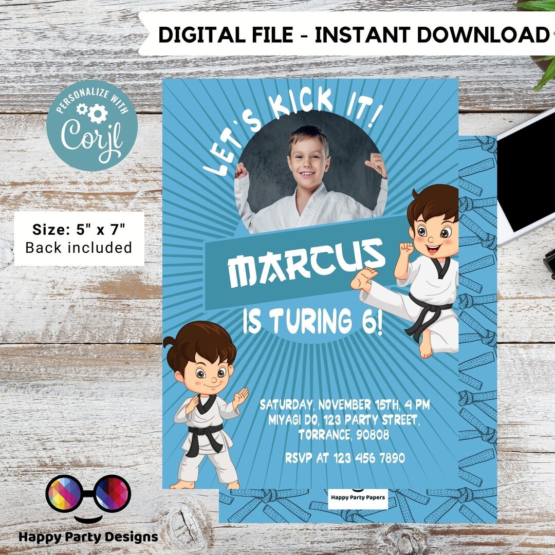 Let's Kick It Karate Birthday Party Invitation With Photo EDITABLE Martial Arts Boy Karate Boys