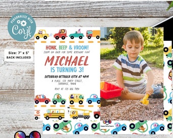 May include: A colorful birthday invitation with a cartoon car theme. The invitation says "Honk, Beep & Vroom!" and "Michael is turning 3!" with a photo of a young boy playing with toy cars. The invitation is 7 inches by 5 inches.