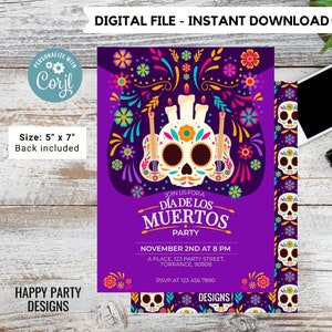 Invitación fiesta Dia de muertos / Invitación Fiesta Sugar Skull / Invitación Dia de los Muertos / Invitación mexicana Editable Sugar Skull #A29