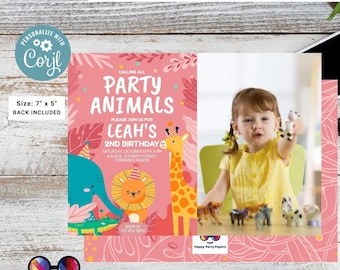 Invitación de cumpleaños de animales de fiesta editables con foto / Animales salvajes / invitación zoo safari / invitación digital / cumpleañera #K202