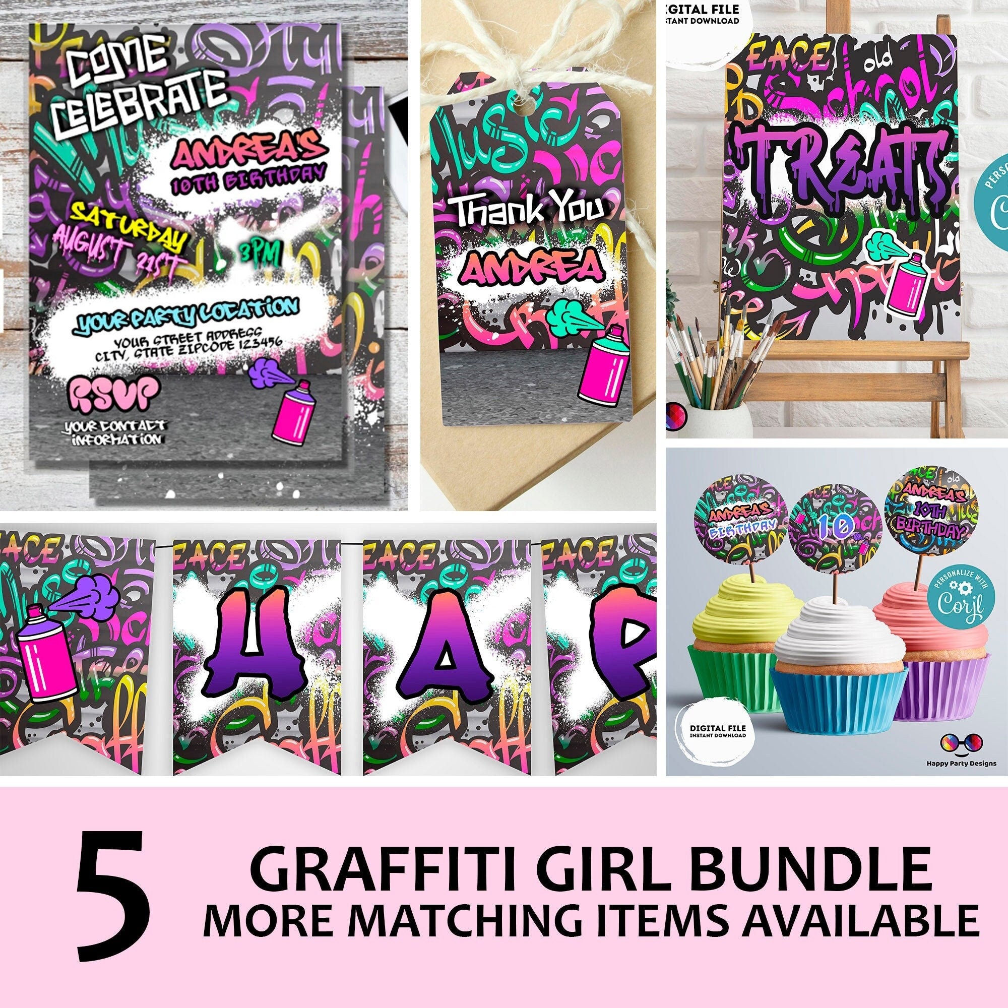EDITABLE Graffiti Invitation Bundle Birthday Banner Cupcake Etsy