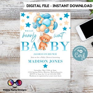 Invitation de baby shower d&#39;attente de Bearly | modèle d&#39;invitation de douche de bébé ours en peluche bleu | ours en peluche avec des ballons Invitation | Douche #B22