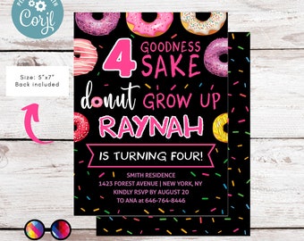 Editable 4 goodness sake donut grow up Birthday Invitation | Girl Invitation | Donut Birthday invitations | Cute Donut Birthday Invite #K123