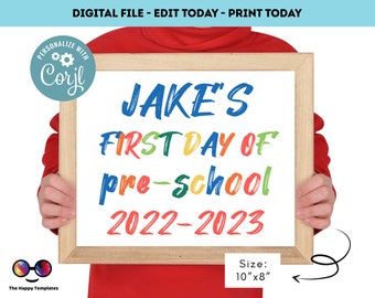 Editable Primer día de preescolar / Signo de preescolar / 1er día de signo de preescolar / signo de escuela personalizado / Letras coloridas signo de niño #K368