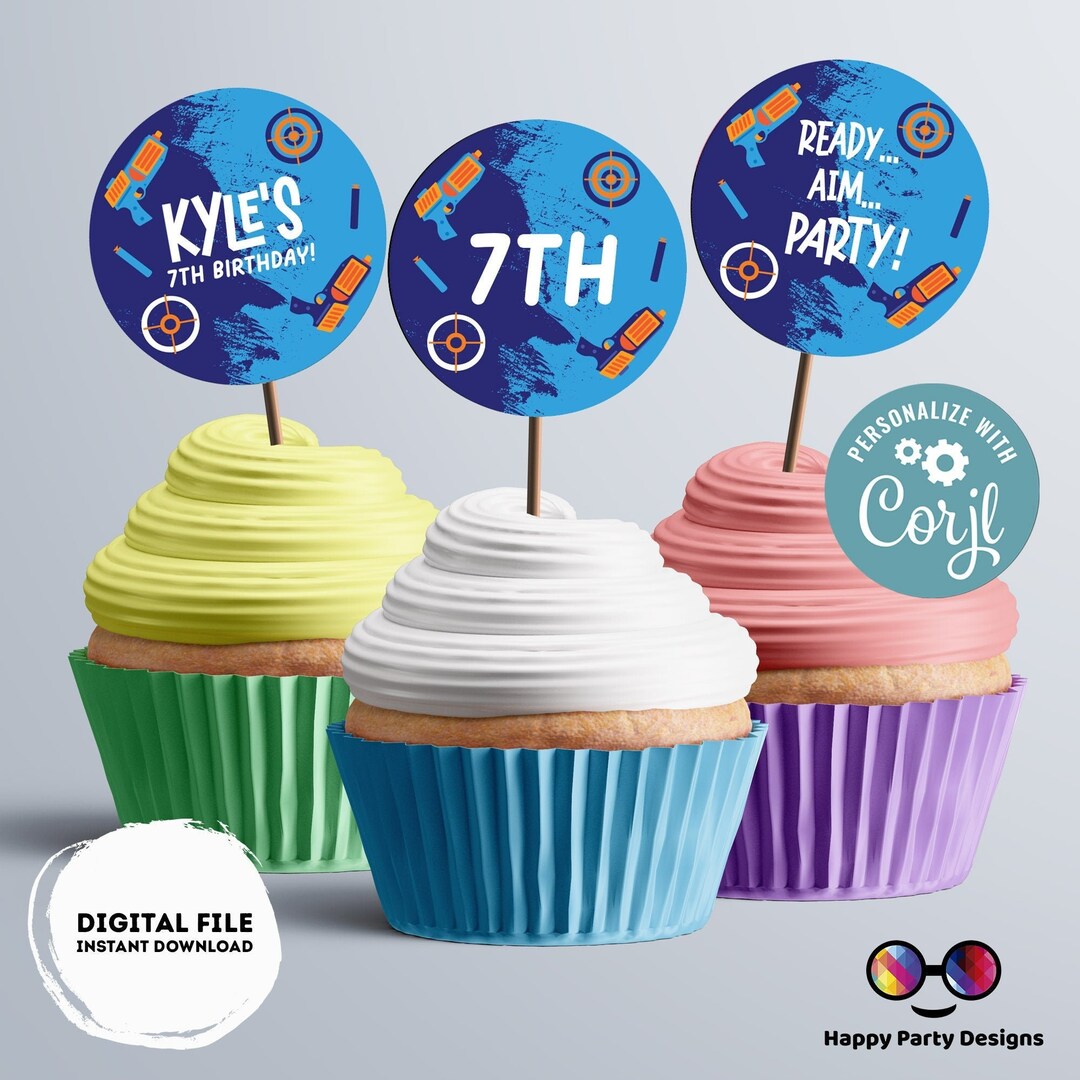 Editable Dart Gun Round Cupcake Toppers Gun Blaster Battle Birthday ...