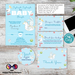 EDITIERBARE Pool Baby Bash Einladungspaket | Windelverlosung, Bücher für Baby, Dankeschön-Tag, Dankeschön-Karte| Baby Mädchen | Sommer Babyparty #B1