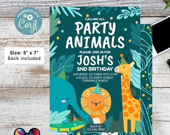 Bearbeitbare Partytiere Geburtstagseinladung | Grüner Geburtstag | Wilde Tiere | Einladung Zoo Safari | digitale Einladung #K202