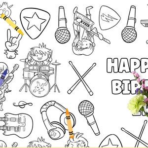 Peut inclure: Une page &agrave; colorier en noir et blanc sur le th&egrave;me du rock and roll. La page pr&eacute;sente une batterie, des guitares, des micros, des &eacute;couteurs et un clavier. Le texte "HAPPY BIRTHDAY" est &eacute;crit en haut de la page. Un bouquet de fleurs se trouve dans le coin inf&eacute;rieur droit.