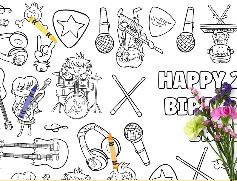 Peut inclure: Une page &agrave; colorier en noir et blanc sur le th&egrave;me du rock and roll. La page pr&eacute;sente une batterie, des guitares, des micros, des &eacute;couteurs et un clavier. Le texte "HAPPY BIRTHDAY" est &eacute;crit en haut de la page. Un bouquet de fleurs se trouve dans le coin inf&eacute;rieur droit.