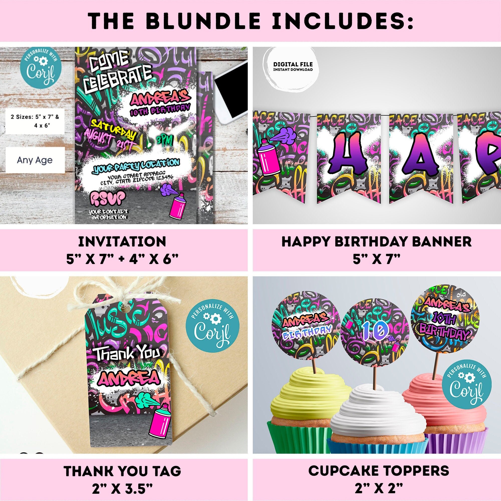 EDITABLE Graffiti Invitation Bundle Birthday Banner Cupcake Etsy