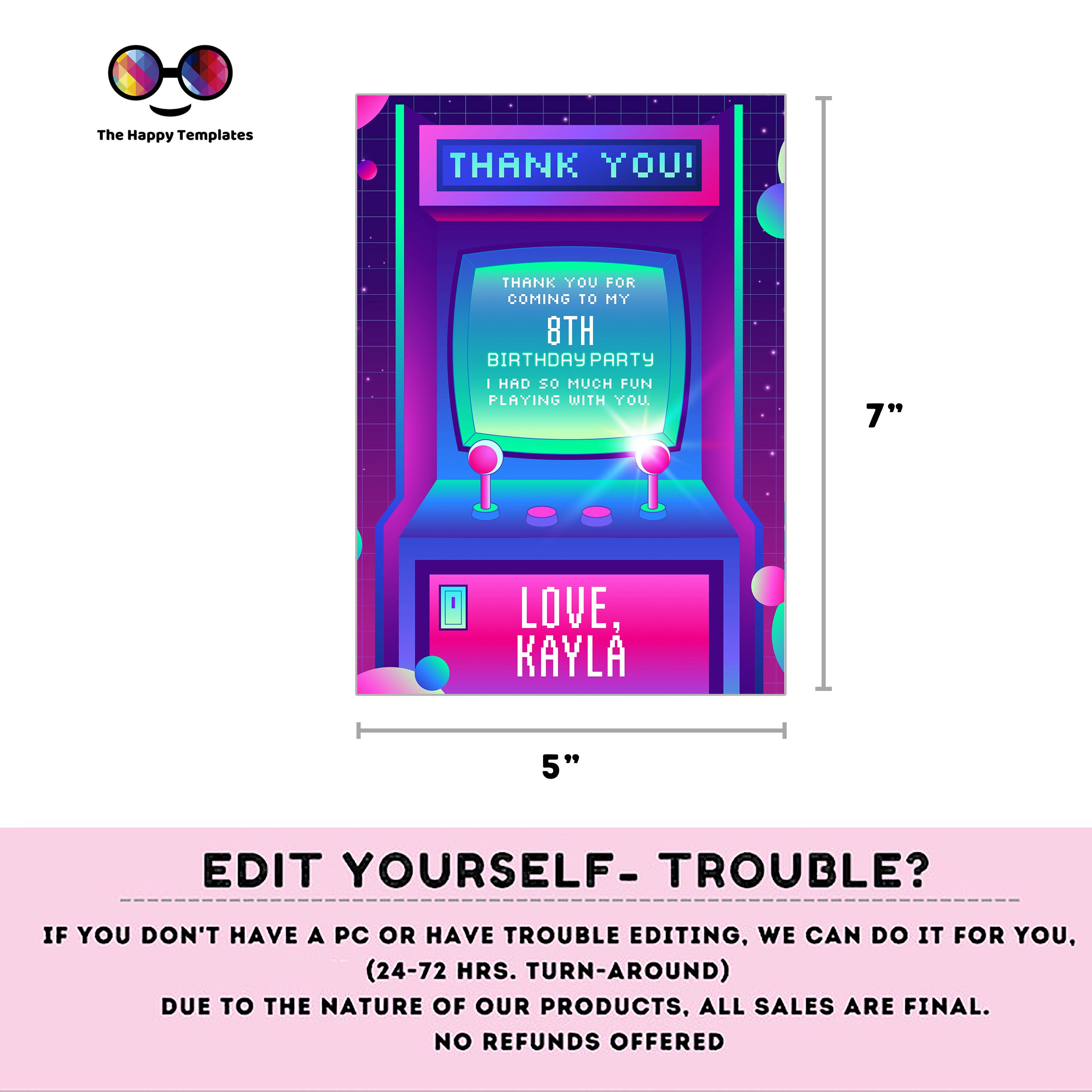 Editable Arcade Thank You Card | Arcade Party | Birthday Girl ...