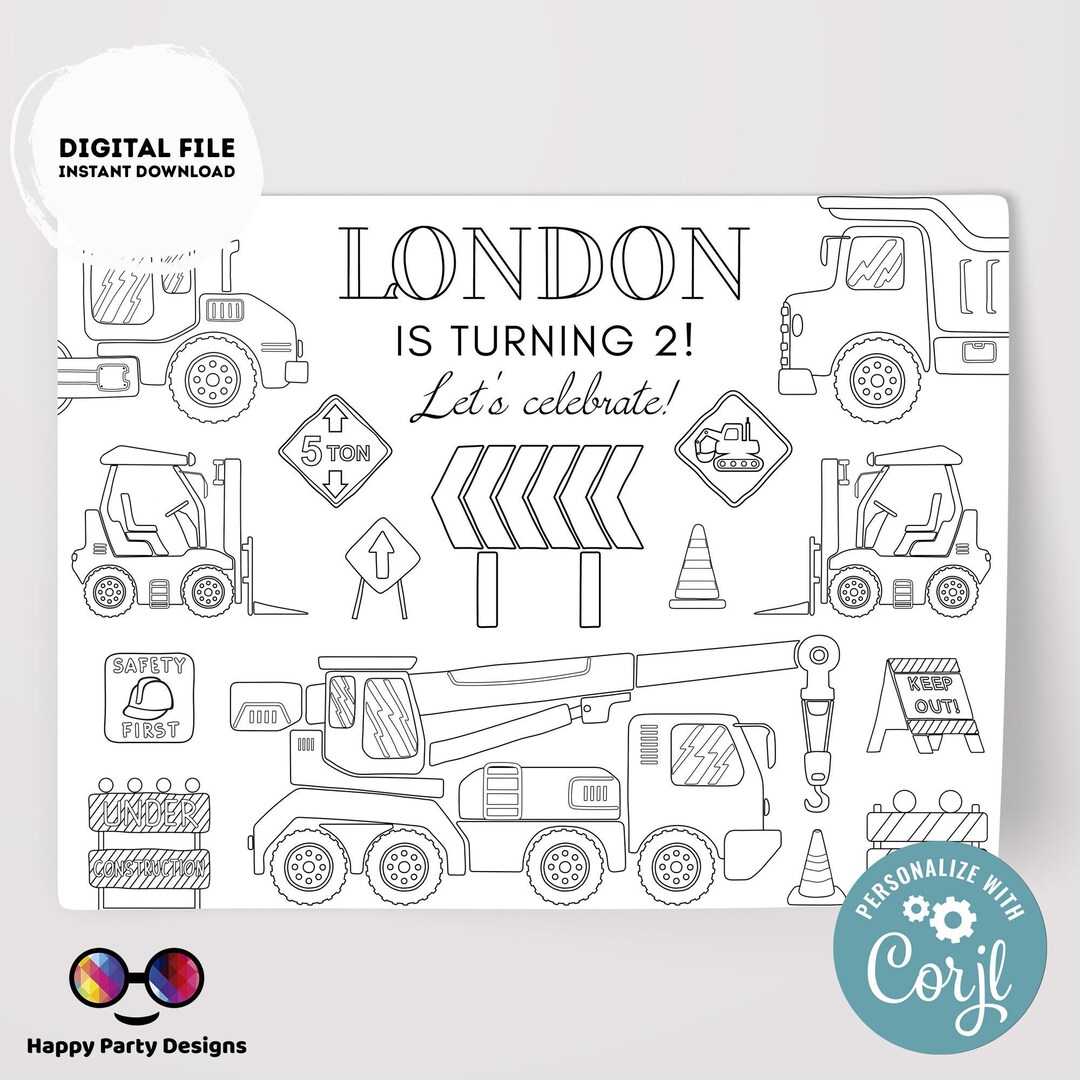 Editable Construction Coloring Page Placemat Coloring Page Any Age