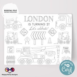 Editable construction coloring page | Placemat coloring page | Any Age | Trucks birthday | Game under construction Party Activity