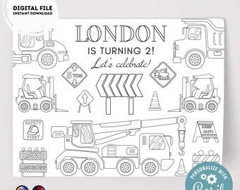 Editable construction coloring page | Placemat coloring page | Any Age | Trucks birthday | Game under construction Party Activity