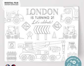 Editable construction coloring page | Placemat coloring page | Any Age | Trucks birthday | Game under construction Party Activity