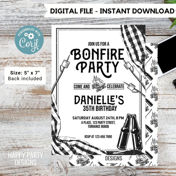 Editable Bonfire party invitation | Digital Bonfire Birthday invite| Millennials invitation | Camping birthday invitation Any Age #K193