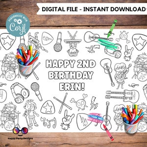 May include: A black and white coloring page featuring a rock and roll theme with musical instruments, a skull, a star, and the text "HAPPY 2ND BIRTHDAY ERIN!"