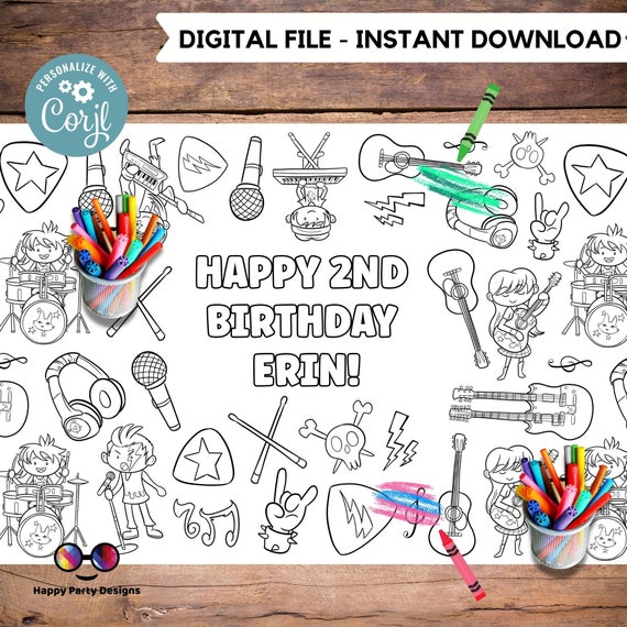 Rock star XL Table Runner | Editable Rock birthday party coloring page | Let's rock | Rock 'n roll table runner | music party activity