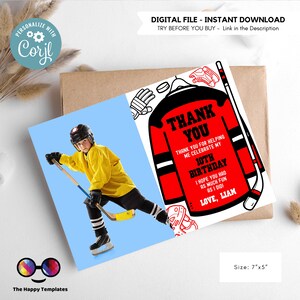 Bearbeitbare Hockey Geburtstag Dankeskarte Vorlage mit Foto | Farbe ändern | Druckbare Hockey Jersey Party Karte | Dankeskarte #K243