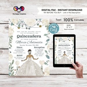 Editable Creamy white Quinceañera Invitation | EDITABLE TEMPLATE Mis Quince 15 | 16th Birthday Instant Download | Navy dress #K325