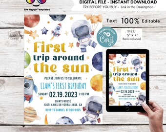 Editable First trip around the sun Birthday Invitation | Galaxy Blast Off | First Trip Around the Sun |  first birthday party | galaxy #K374