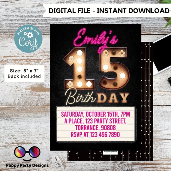Editable 15th Birthday Invitation Editable Template Party - Etsy