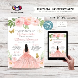 Editable Rose gold and Silver Quinceañera Invitation | EDITABLE TEMPLATE Mis Quince 15 | 16th Birthday Instant Download | pink dress #K330