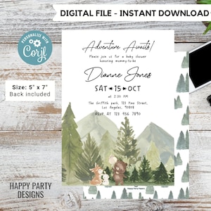 Bearbeitbare Wald-Babyparty-Einladung | Abenteuer erwartet Baby Shower Invite | Teddybär, Hase, Rentier | greenery Baby Shower #B35