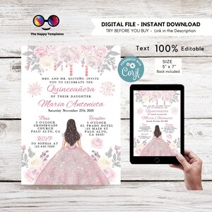 Editable Snowflake dusty pink Quinceañera Invitation | EDITABLE TEMPLATE Mis Quince 15 | 16th Birthday Instant Download | pink dress #K314