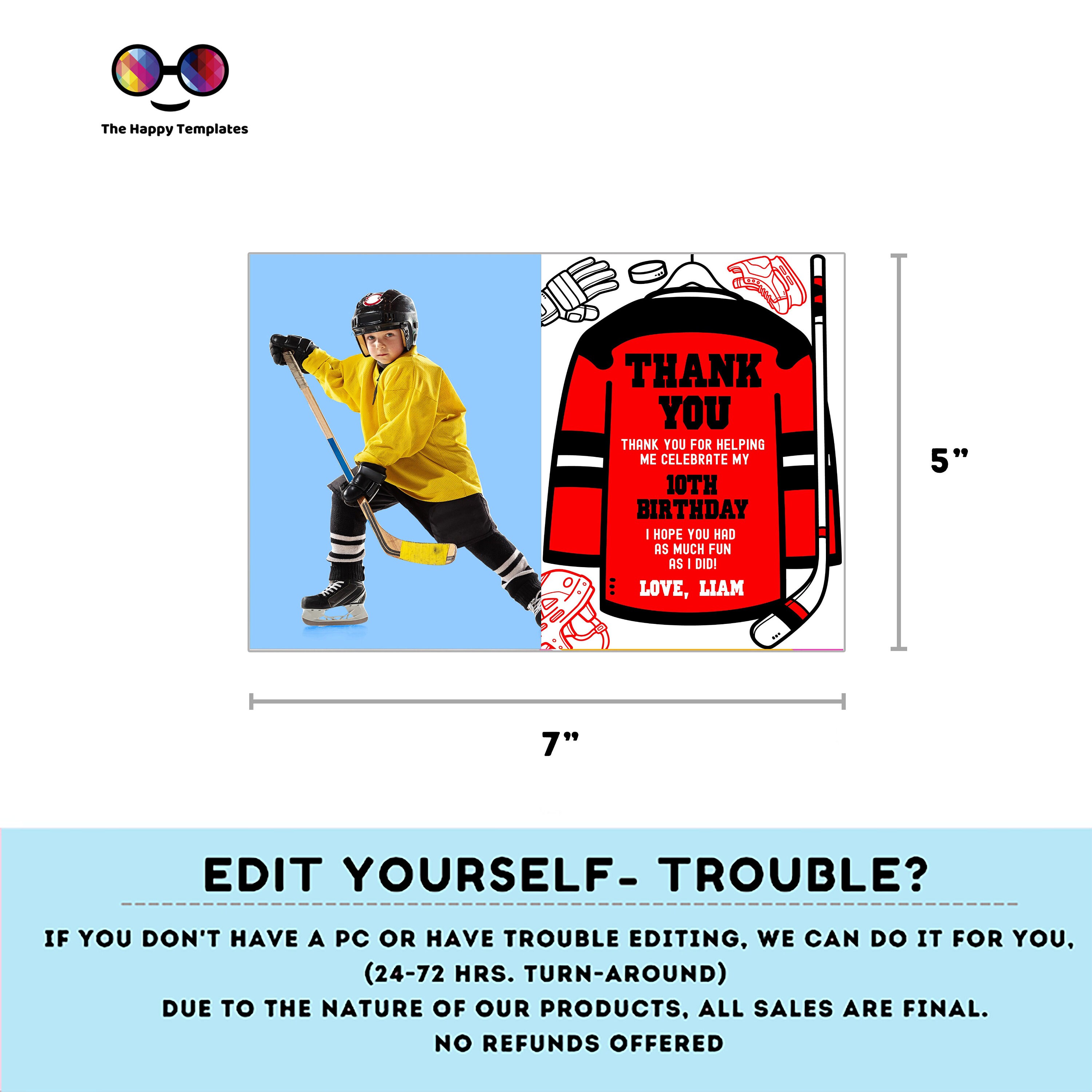 Editable Hockey Birthday Thank You Card Template With Photo - Etsy
