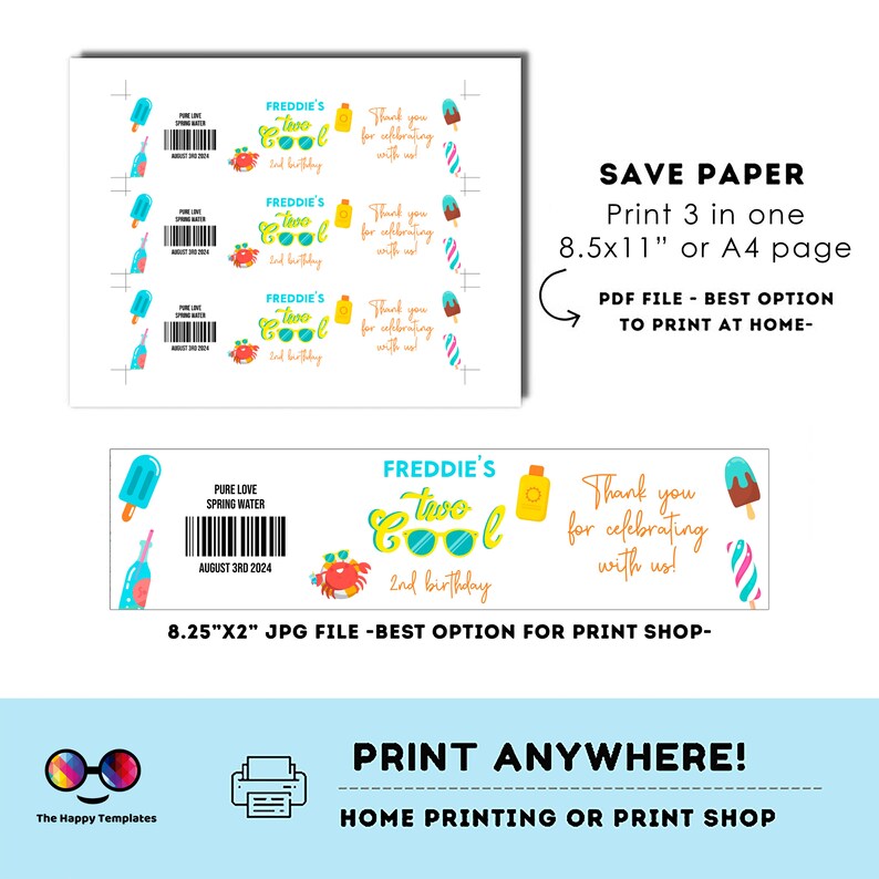 Editable Two Cool Party Water Bottle Labels | Printable Summer Party ...