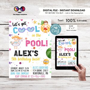 Editable Pool party birthday invitation template | Summer Party Invitation | Let&#39;s get cool | Beach | Fun in the Sun | gender-neutral #K350